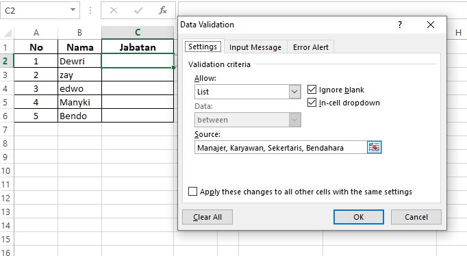 Validation Dropdown list