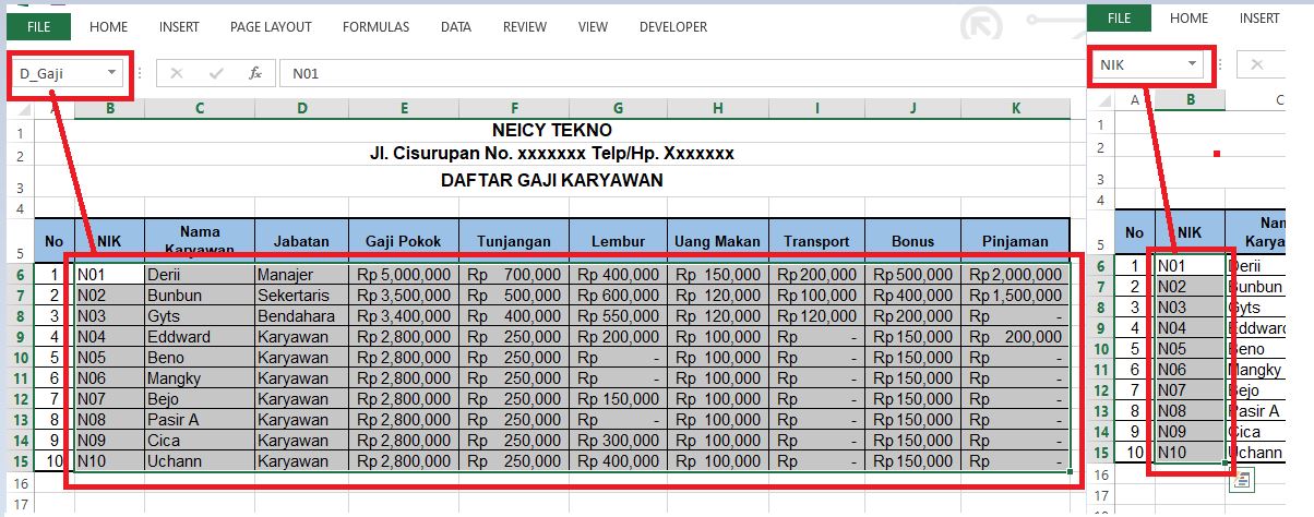 Memberi nama Para Range dengan Name Box