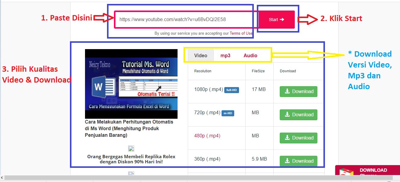 cara download Video YT di Y2mate