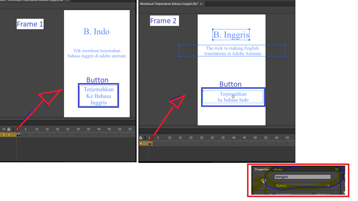 Making English Translations in Adobe Animate cc with Frame and Buttons