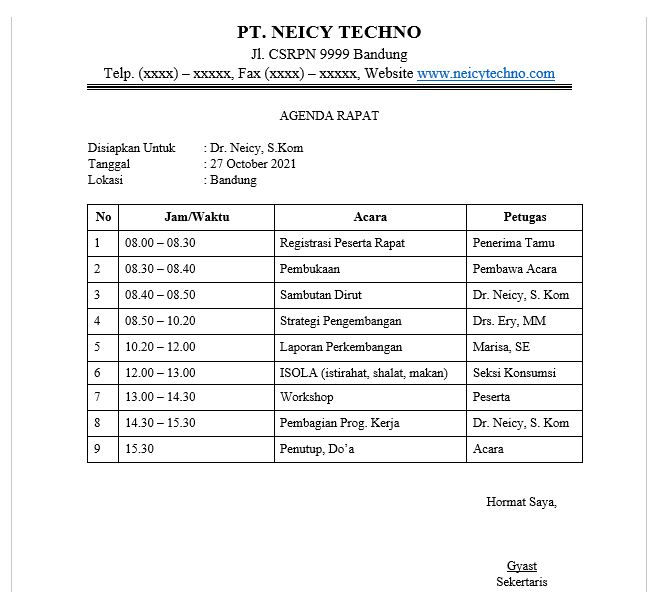 Contoh Agenda Rapat Resmi