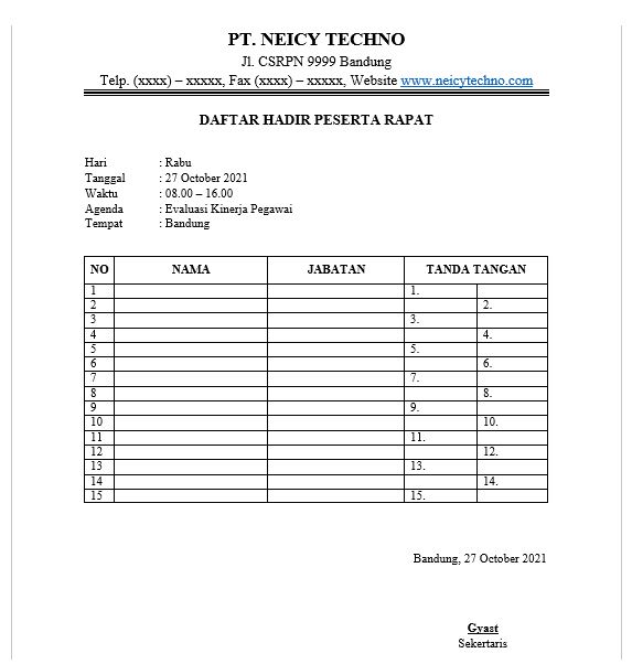 Contoh daftar hadir peserta rapat