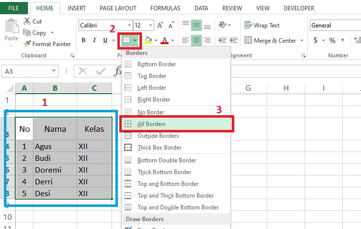 Langkah-langkah membuat tabel di Excel menggunakan Borders / Garis Tebal