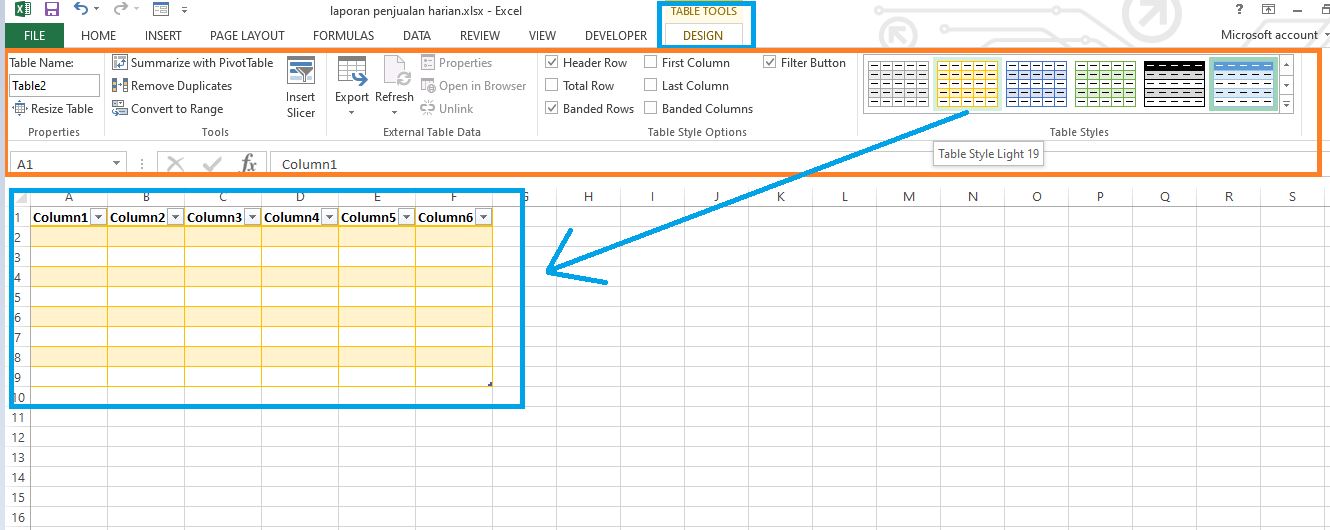 design table excel
