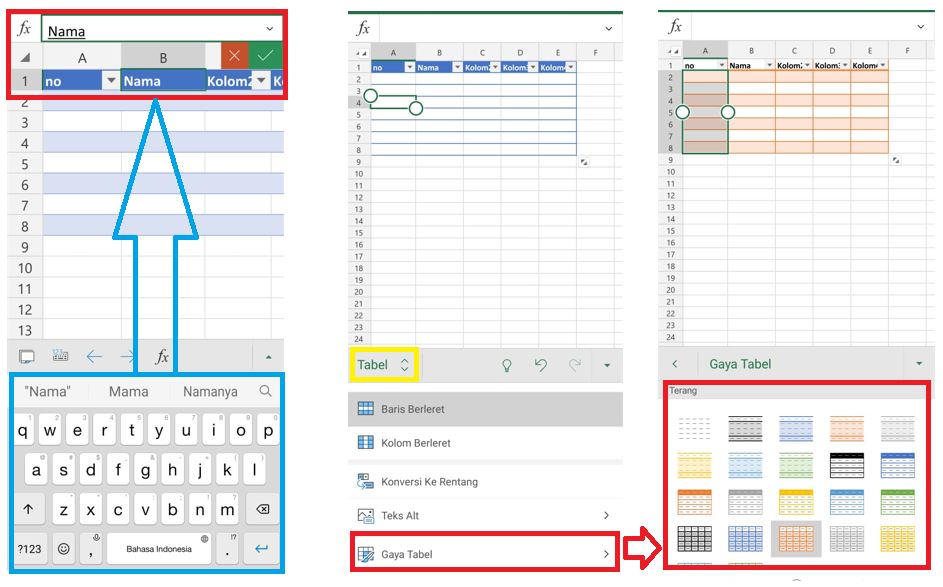 melakukan perubahan dan desain tabel excel android