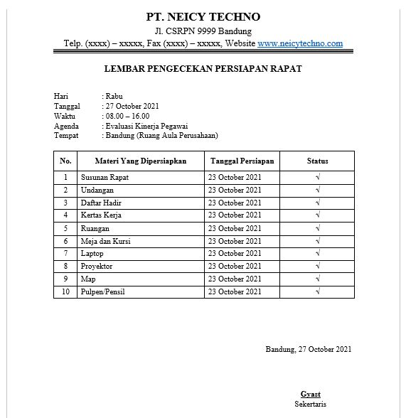 Contoh Lembar Pengecekan Persiapan Rapat Resmi