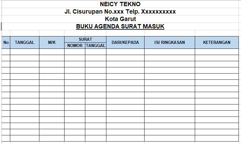 Contoh Agenda Surat Masuk dan Keluar