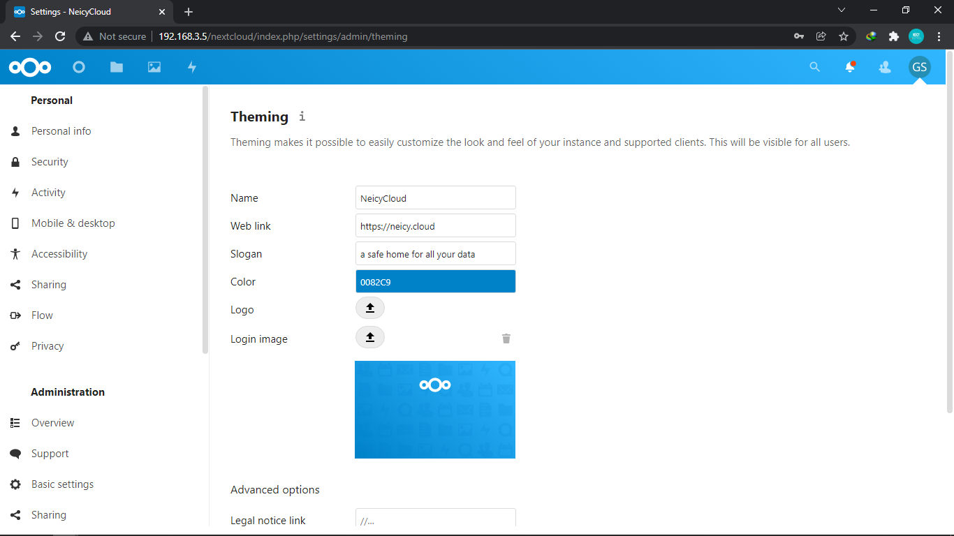 Tampilan Setting Themings Nexcloud