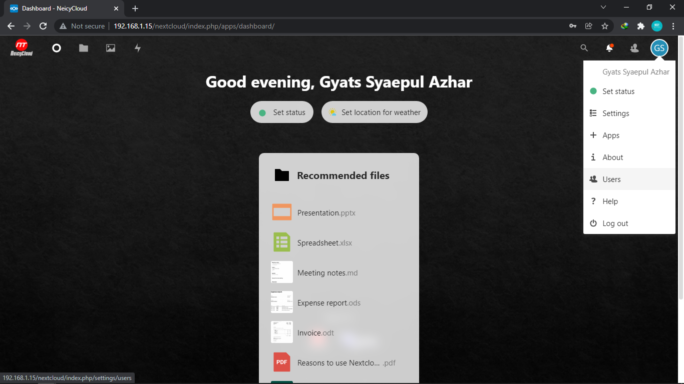 Masuk menu Users Nextcloud