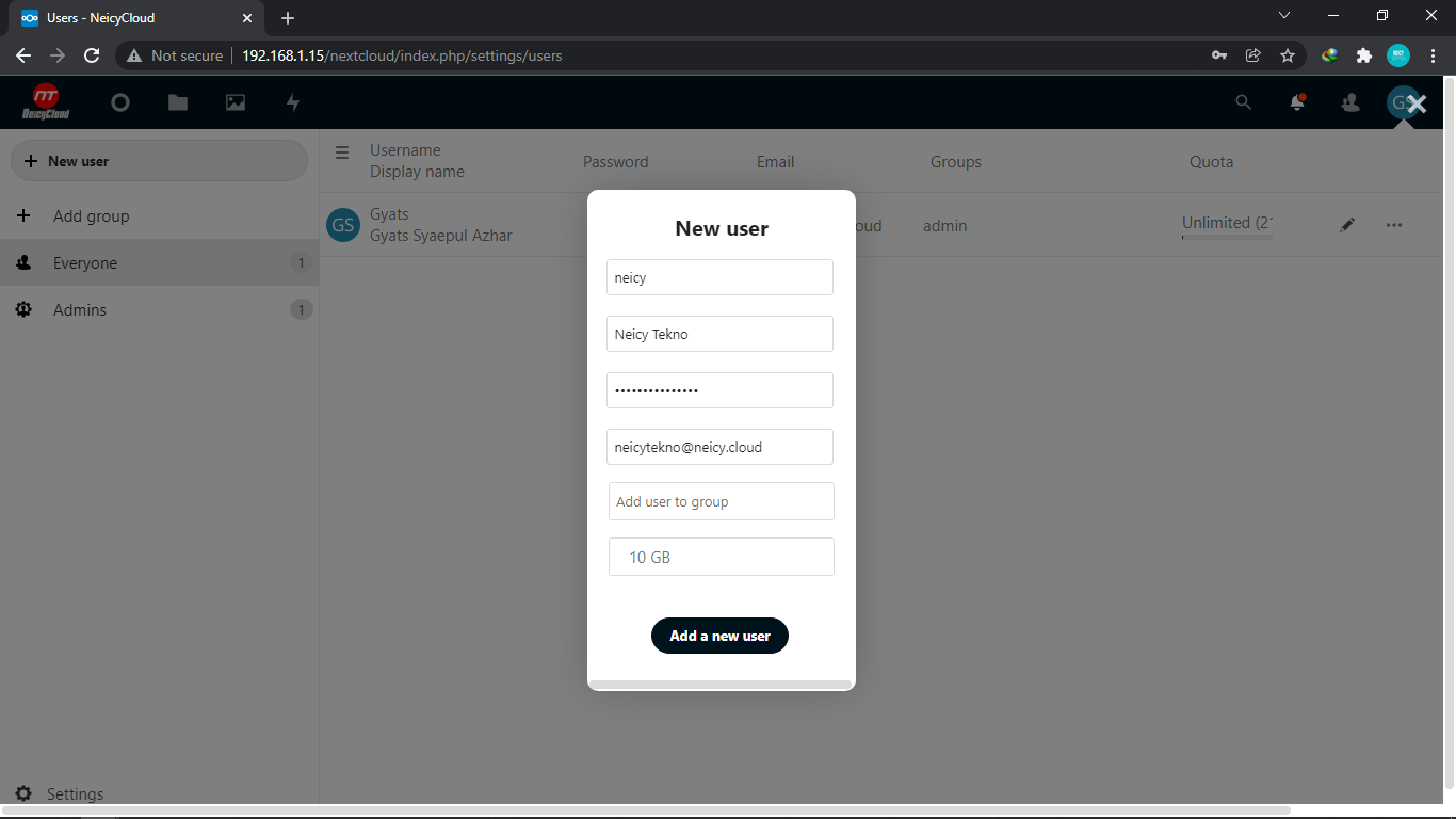 membuat user nextcloud bukan admin