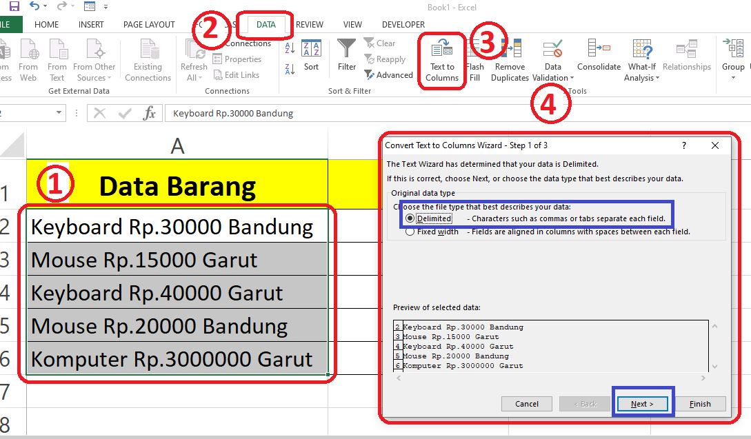 Memisahkan Isi Sel Menjadi Beberapa Kolom di Excel Menggunakan Fitur Text to Column