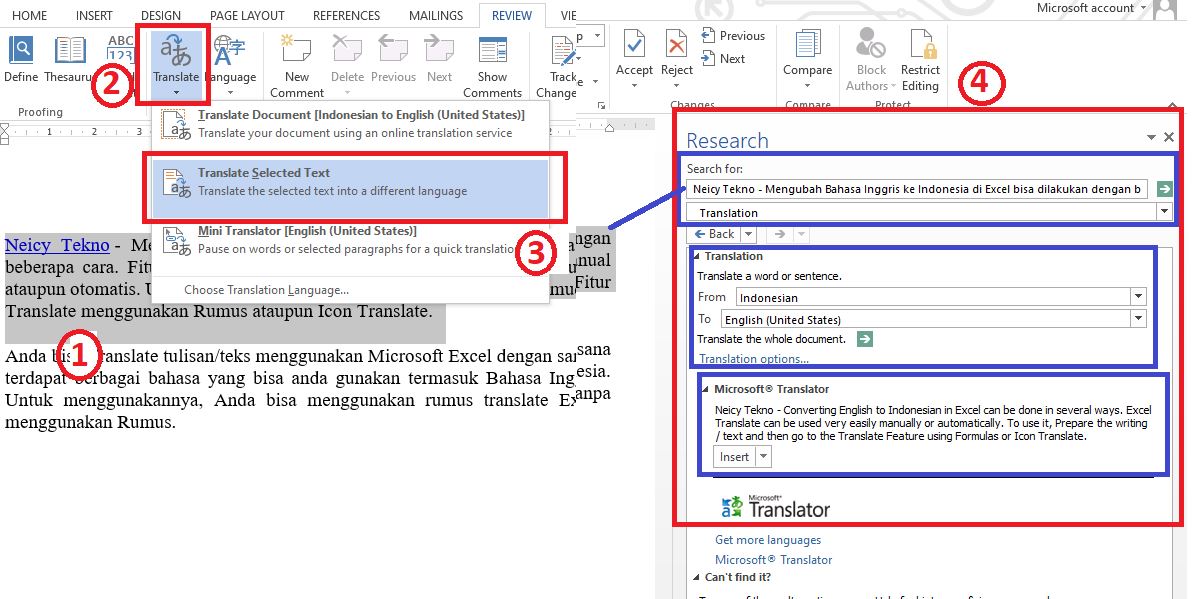 Translate Selected Text - Menerjemahkan Sebagian Teks/Tulisan di Word