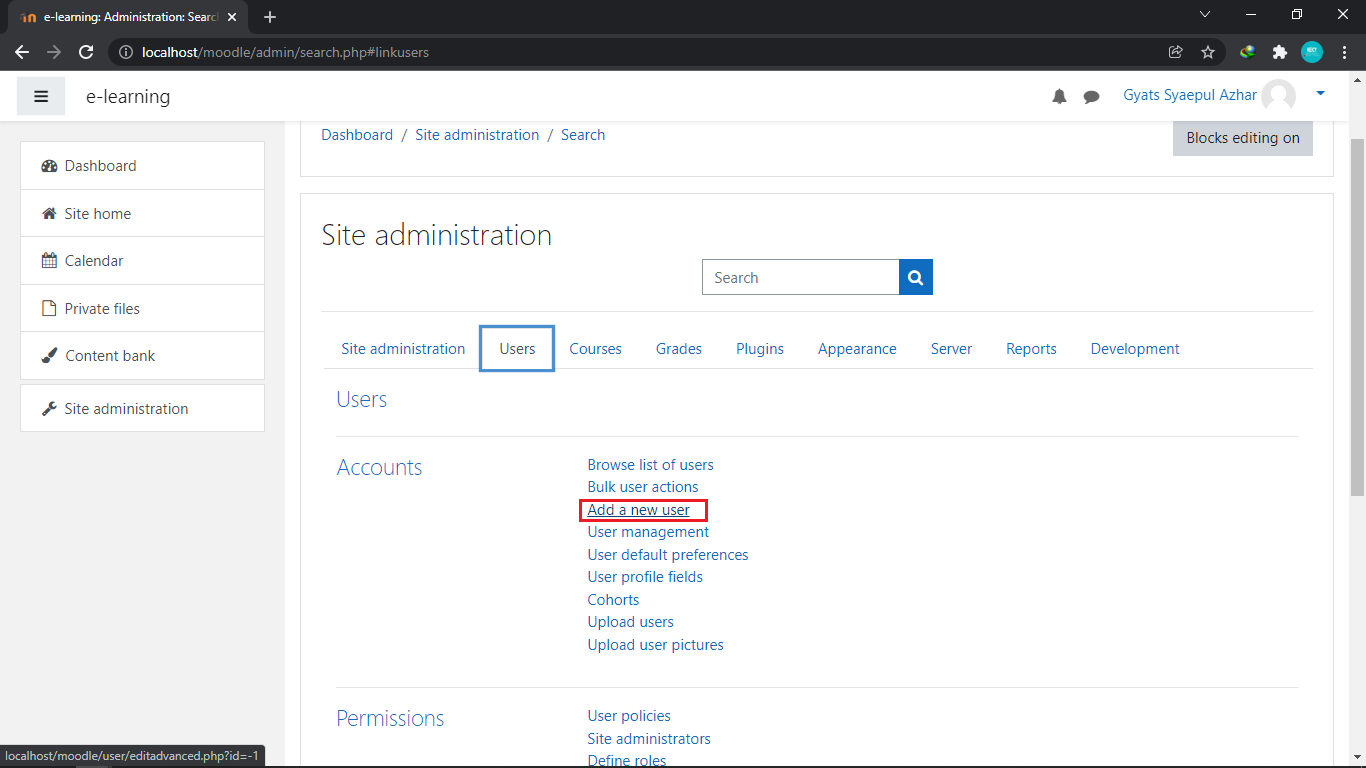 Site administrator – Users – Add a new user
