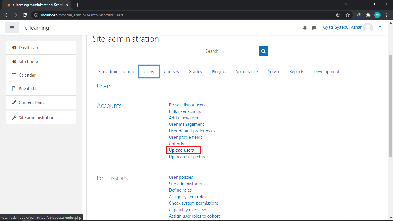 Site administration – Users – Upload Users