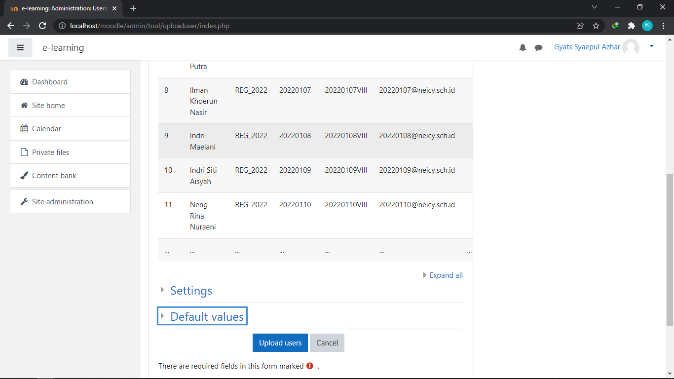 Langkah akhir Upload User moodle