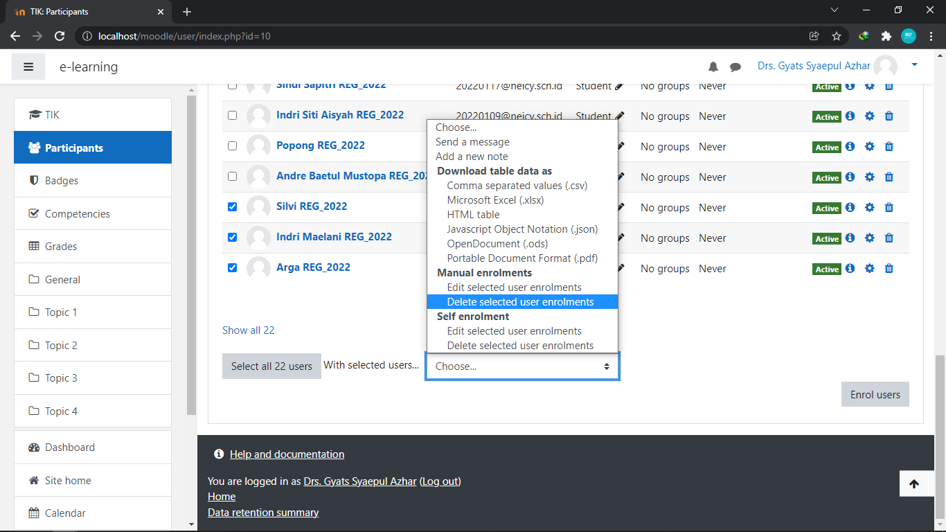 Unenrol user menggunakan Select user