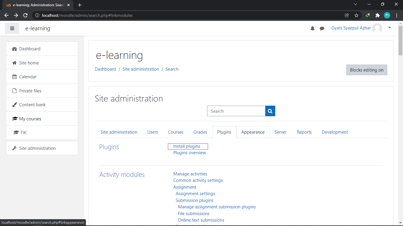 menu Install plugin Moodle