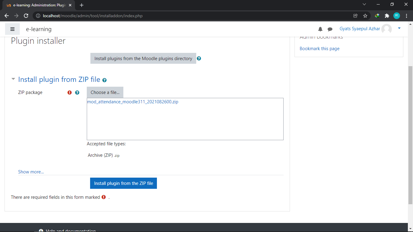 upload dan install plugin absensi moodle