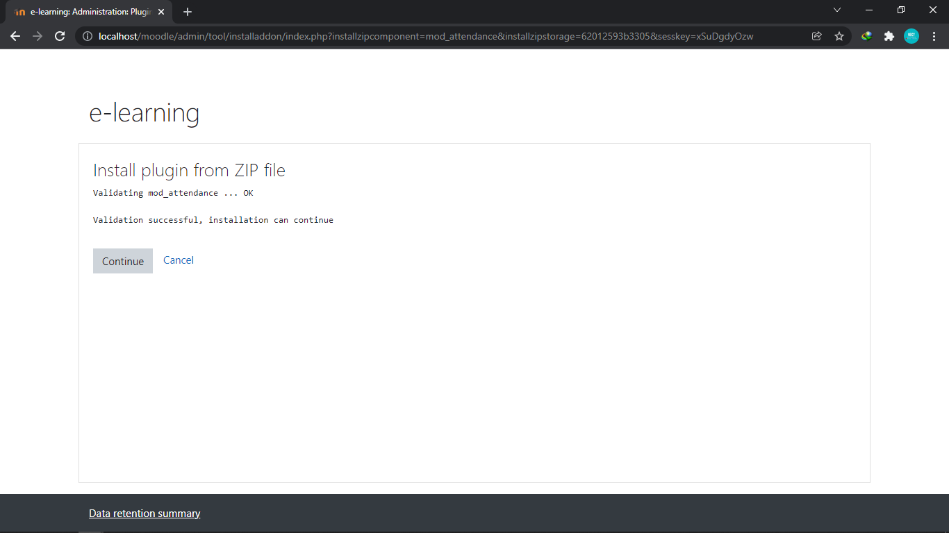 halaman validasi versi moodle dan plugin