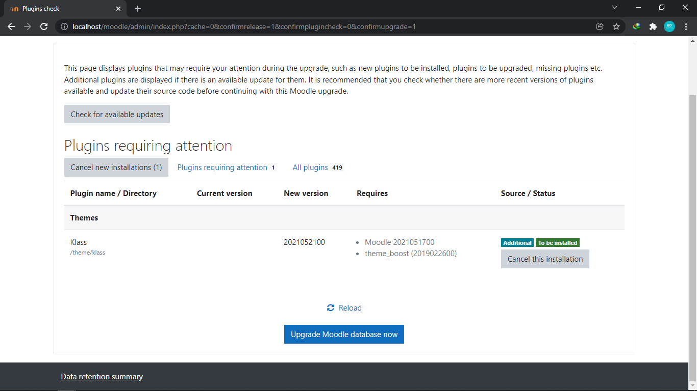 Upgrade plugin moodle database
