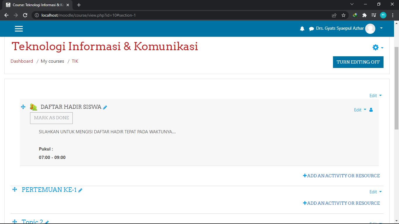 turn on editing kelas moodle