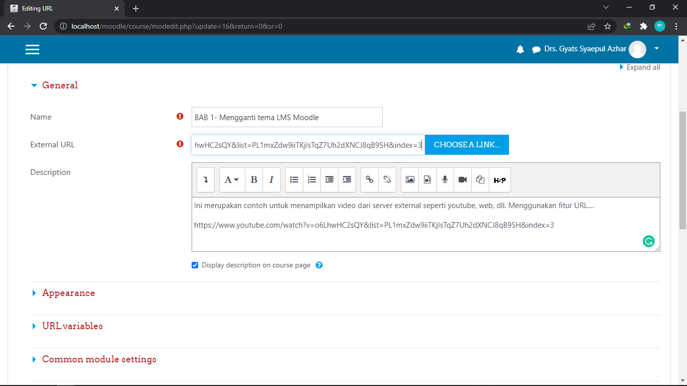Menambahkan LINK youtube di Moodle
