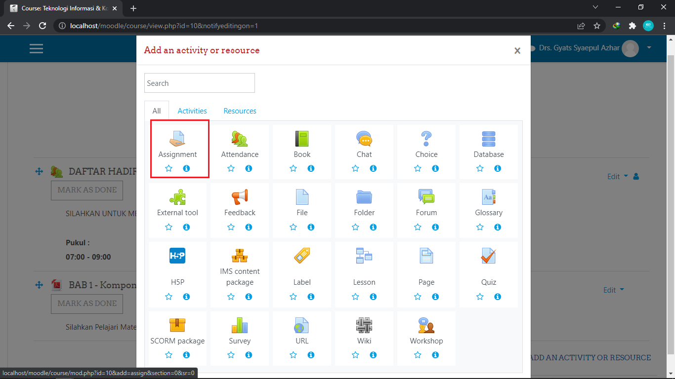 ADD AN ACTIVITY OR RESOURCE -- Assigment
