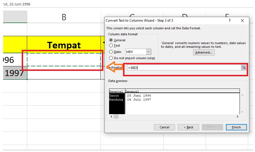 Membagi data tempat dan tanggal lahir