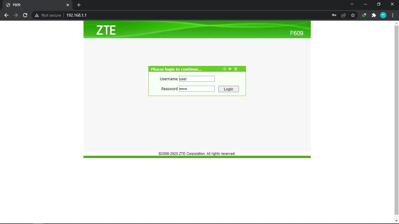 Login ZTE F609