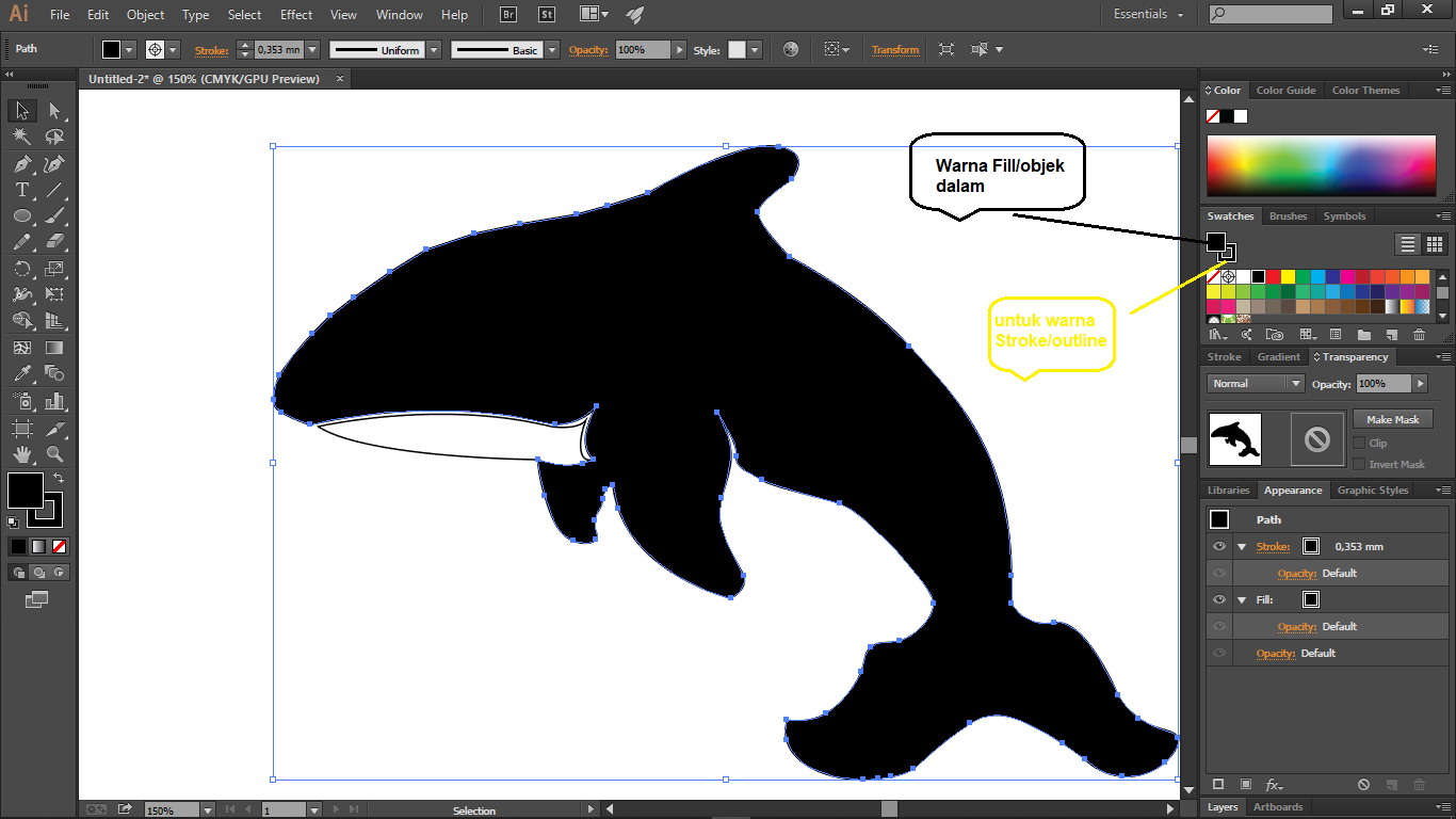 Mewarnai objek paus adobe Illustrator