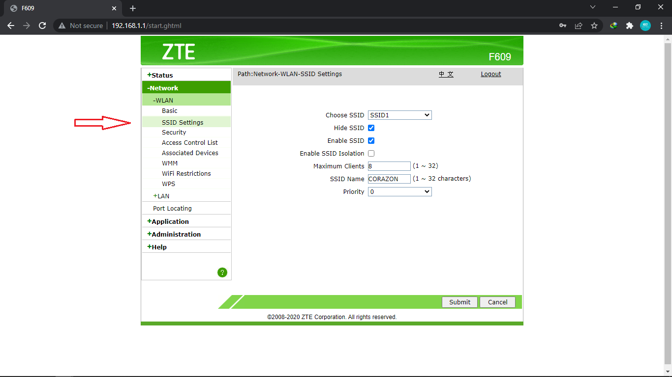 SSID Setting ZTE F609