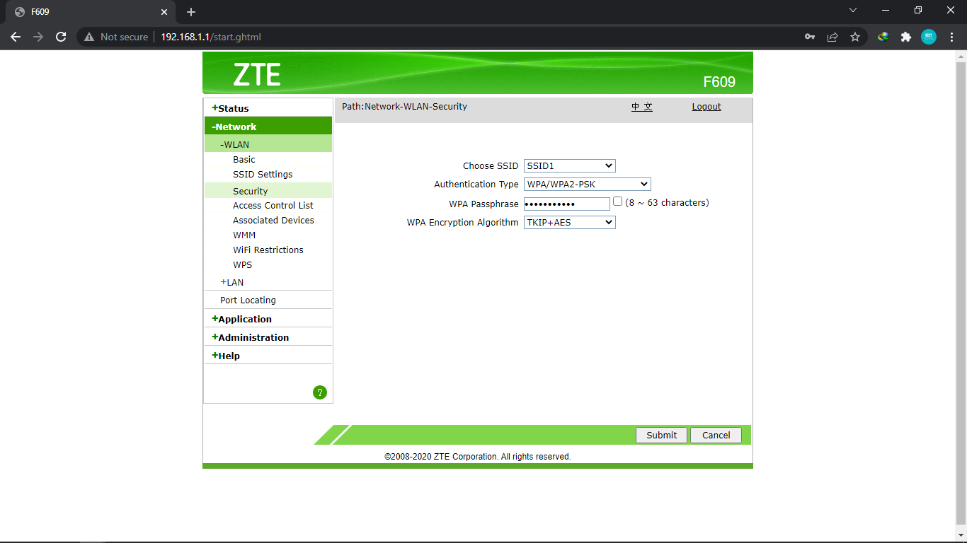 Security Setting ZTE F609