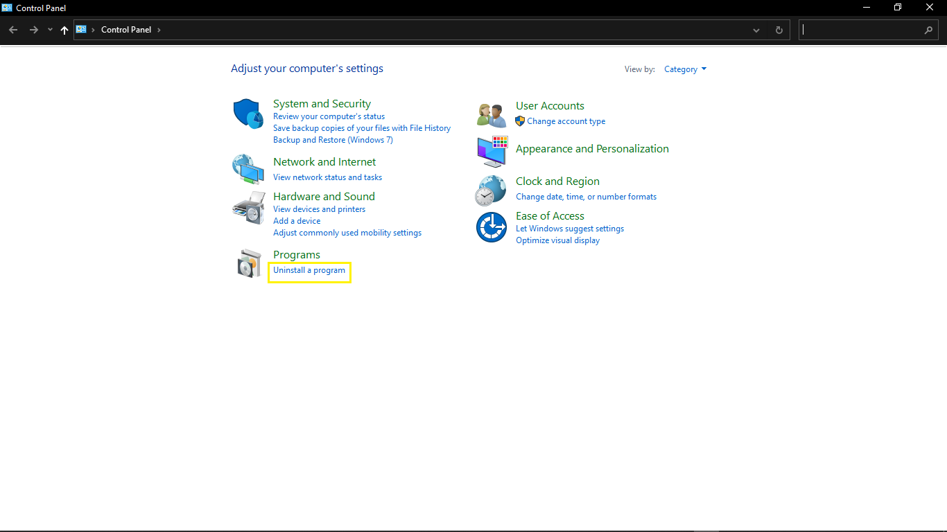 control panel uninstall a program