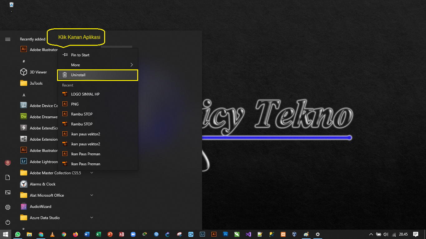 uninstall apliaksi klik kanan