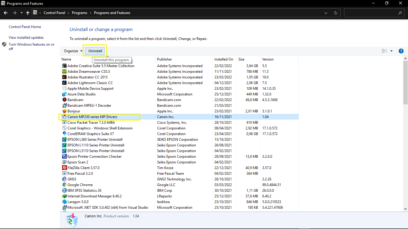 uninstall apliaksi lewat control panel