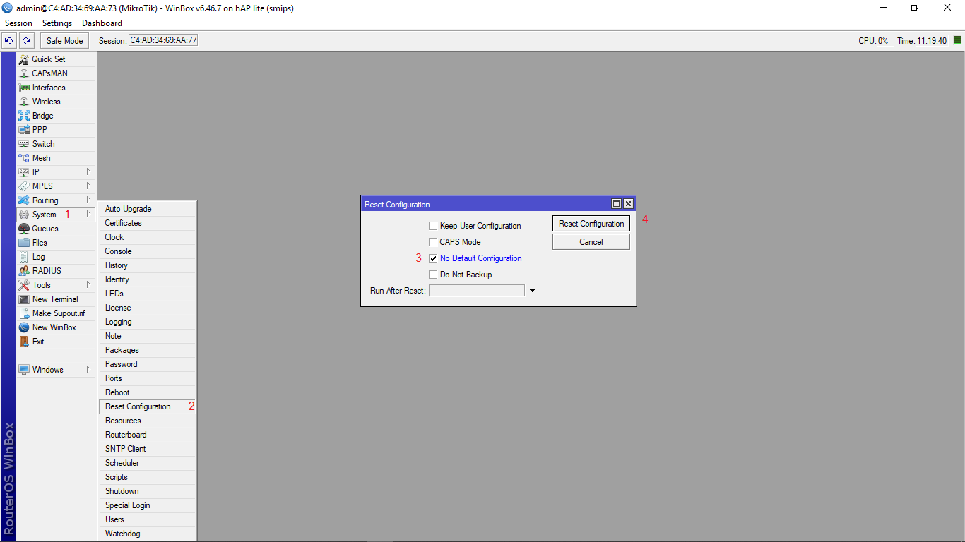 Reset default configuration mikrotik