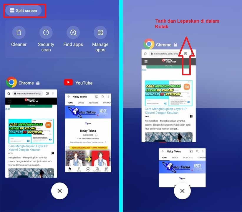 menggunakan tombol Split Screen