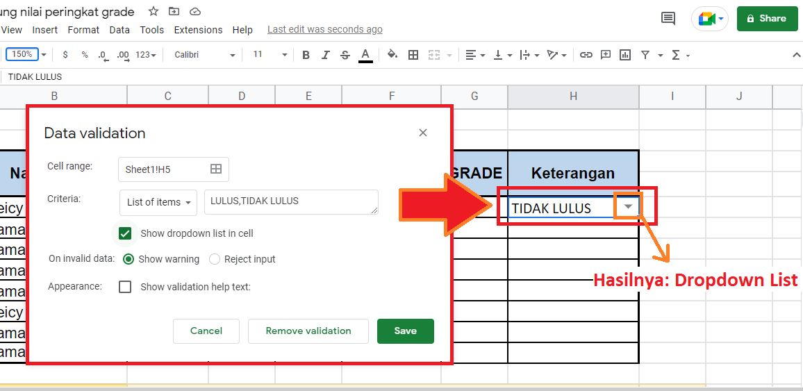 Cara membuat pilihan di google sheet / Spreadsheet (Drop Down List)