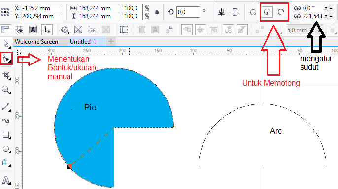 meggunakan fitur Draw Arc dan Pie Untuk memotong linkran