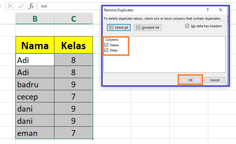 Menghapus data duplikat di excel