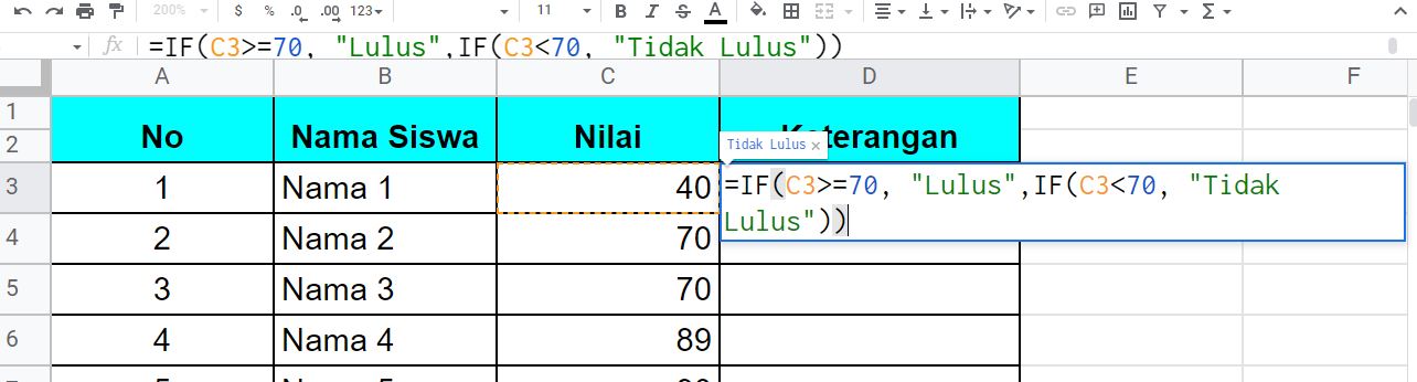 Rumus Fungsi IF di Spreadsheet