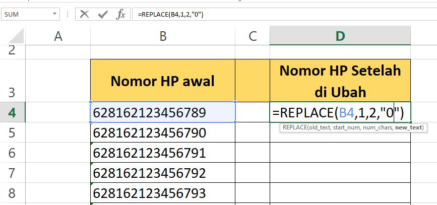 Mengubah 2 angka pertama pada nomor HP di excel