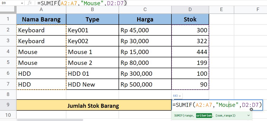 Cara menggunakan rumus SUMIF di Spreadsheet