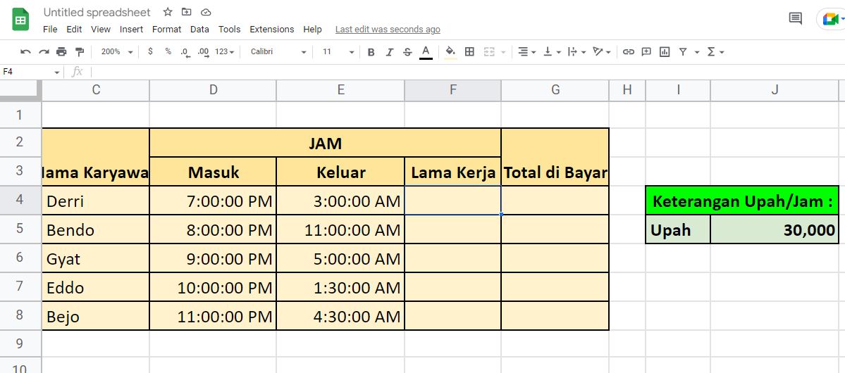 Cara Menghitung Jam Lembur dari Waktu PM ke AM di Spreadsheet
