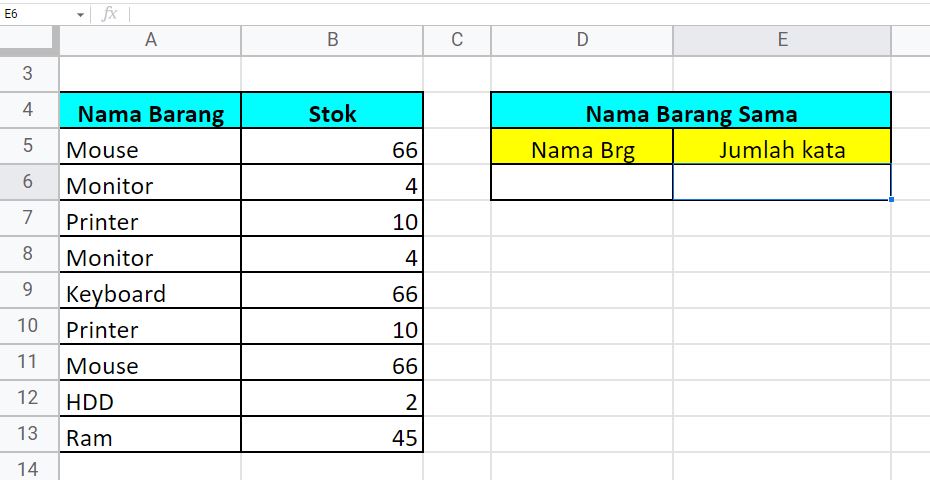Rumus dan Cara Menghitung Jumlah Kata yang Sama di Spreadsheet