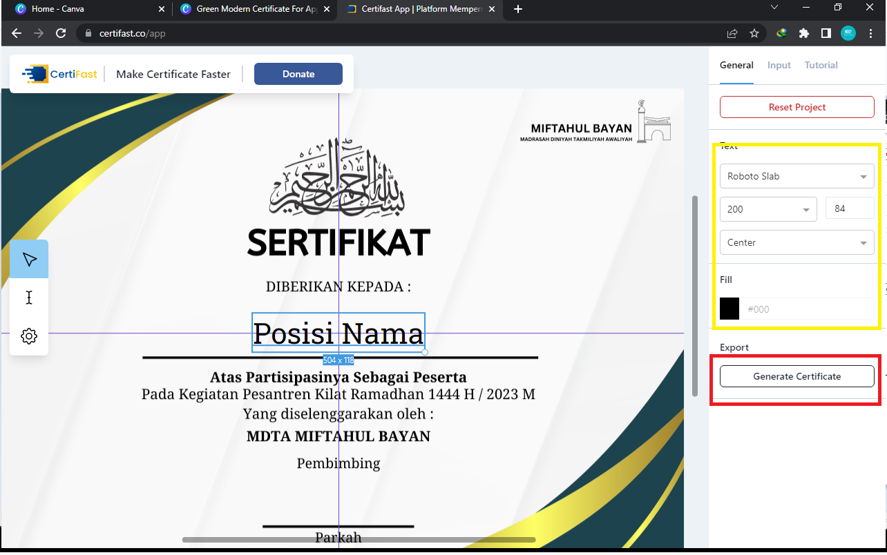 atur posisi nama peserta sertifikat