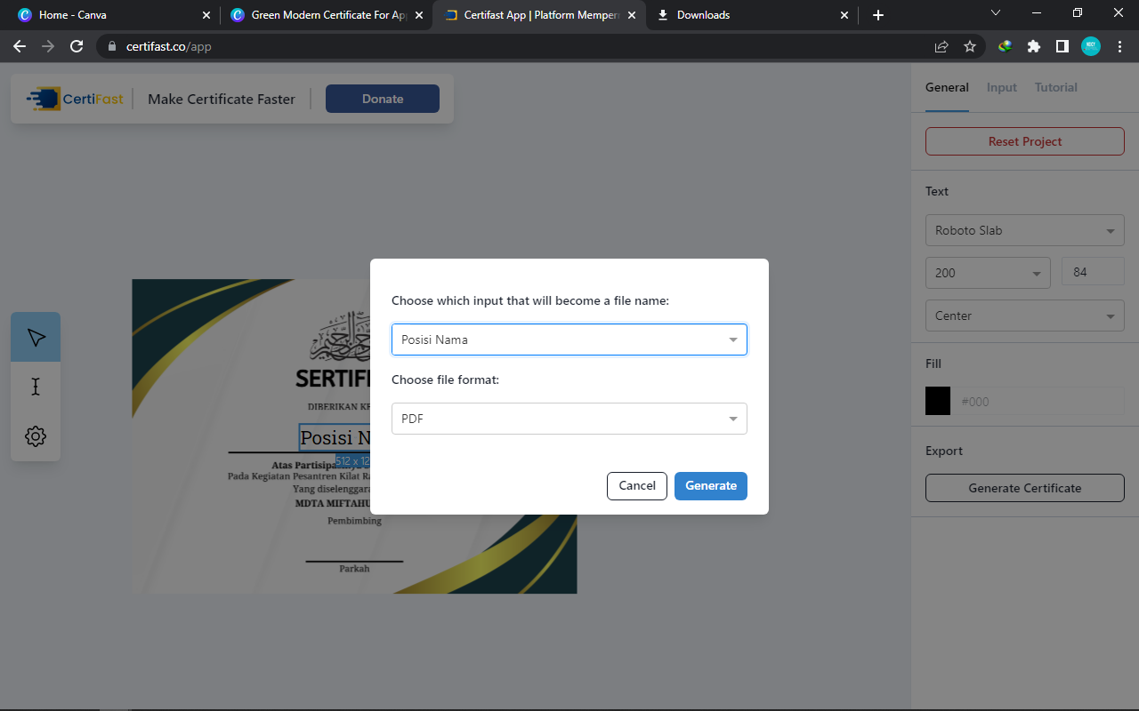 download hasil sertifikat