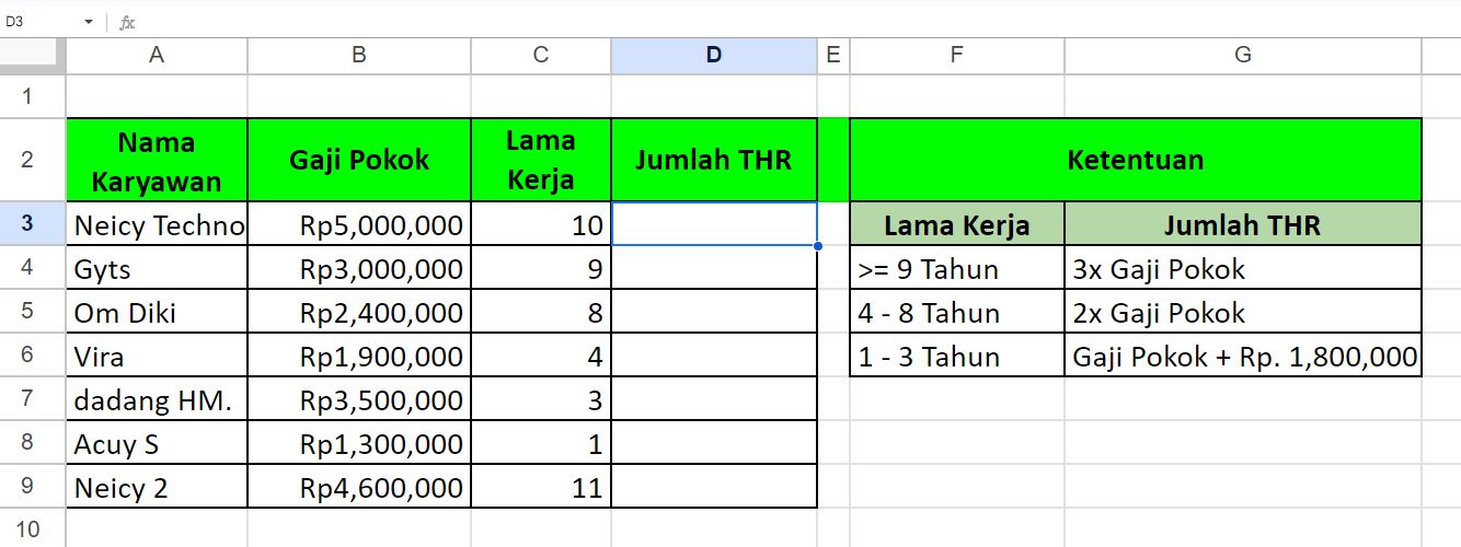 Cara Menghitung THR Karyawan Sesuai Lama Kerja di Spreadsheet Menggunakan Rumus IF