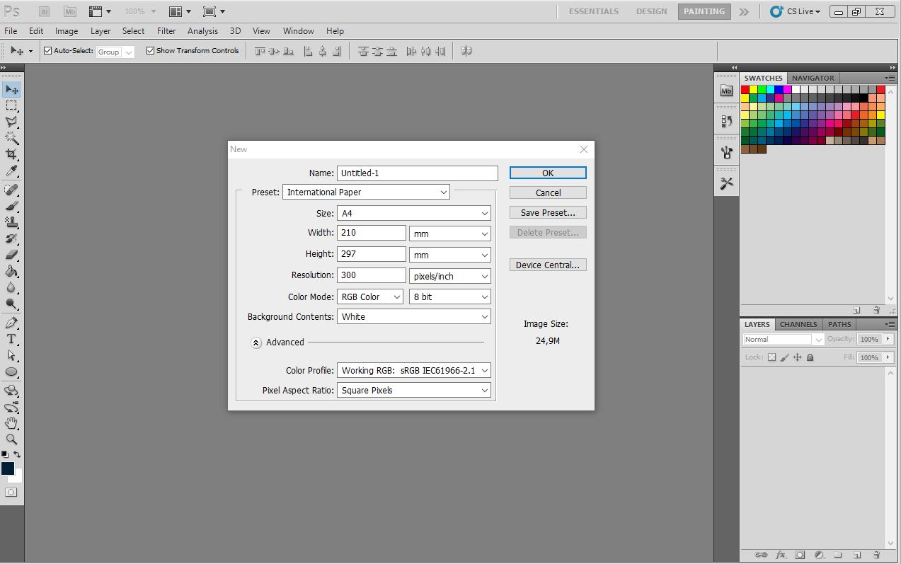 membuat dokumen baru di Photoshop