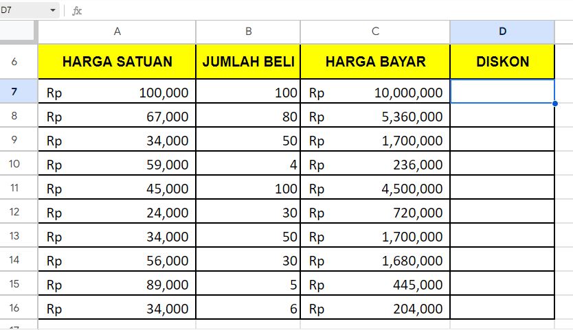 Cara Menghitung Diskon Bersyarat di Spreadsheet / Google Sheet